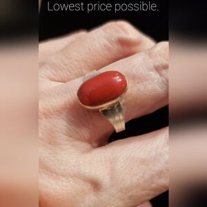 Brand New Polished Oval Coral Ring In The Perfect Red, Sz 8.5, Handmade In India